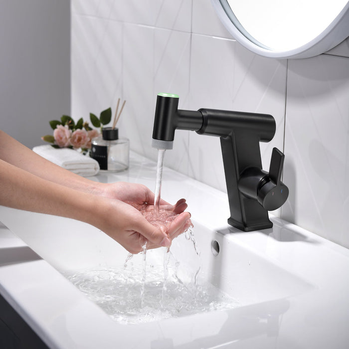 Single Hole Pull-Out Temperature Display & LED Light Bathroom Faucet