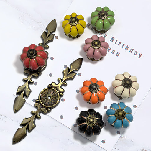 Vintage Pumpkin Ceramic & Zinc Alloy Drawer Handles with Leaf Backplate