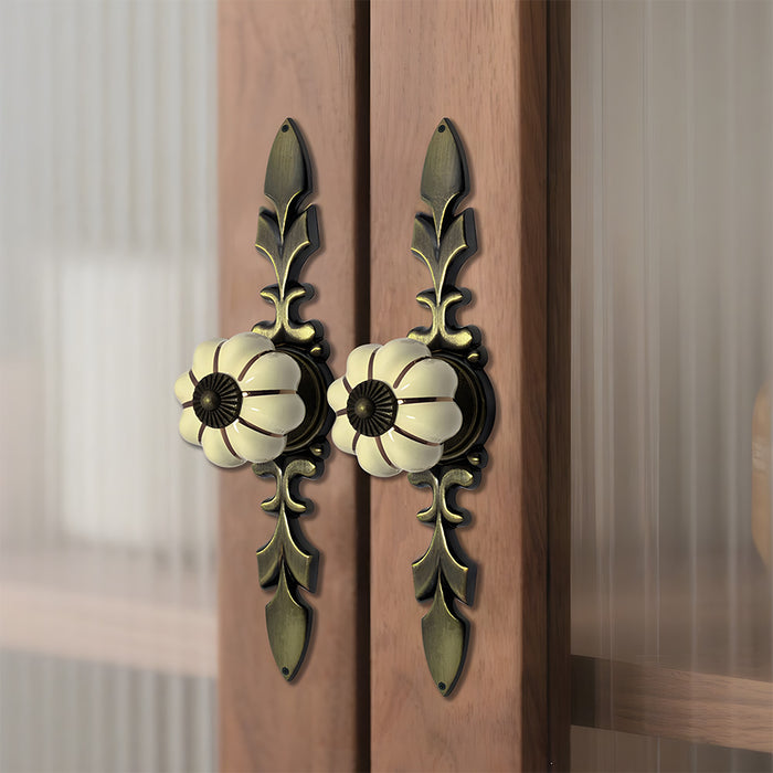 Vintage Pumpkin Ceramic & Zinc Alloy Drawer Handles with Leaf Backplate