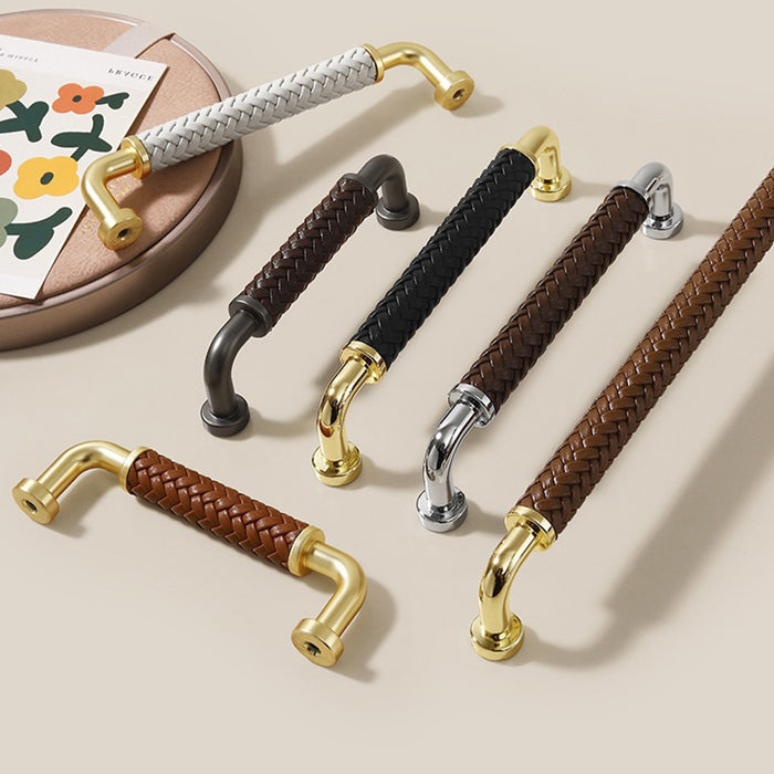 Modern Woven Leather Cabinet Pulls with Curved Zinc Alloy Base