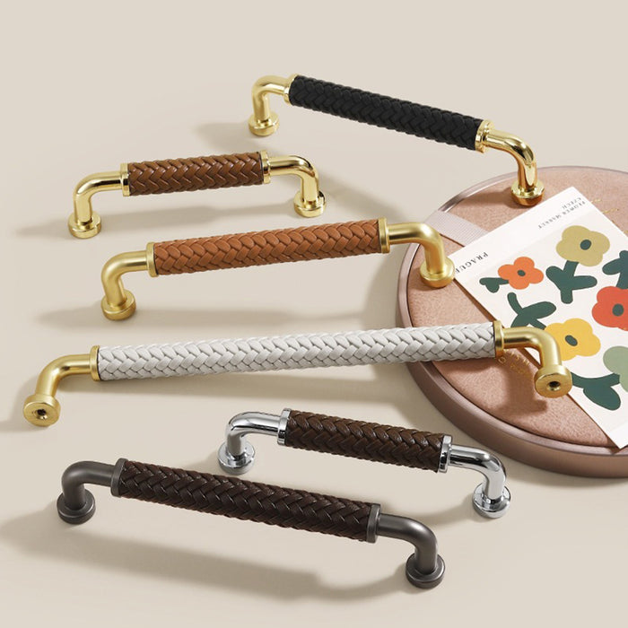 Modern Woven Leather Cabinet Pulls with Curved Zinc Alloy Base