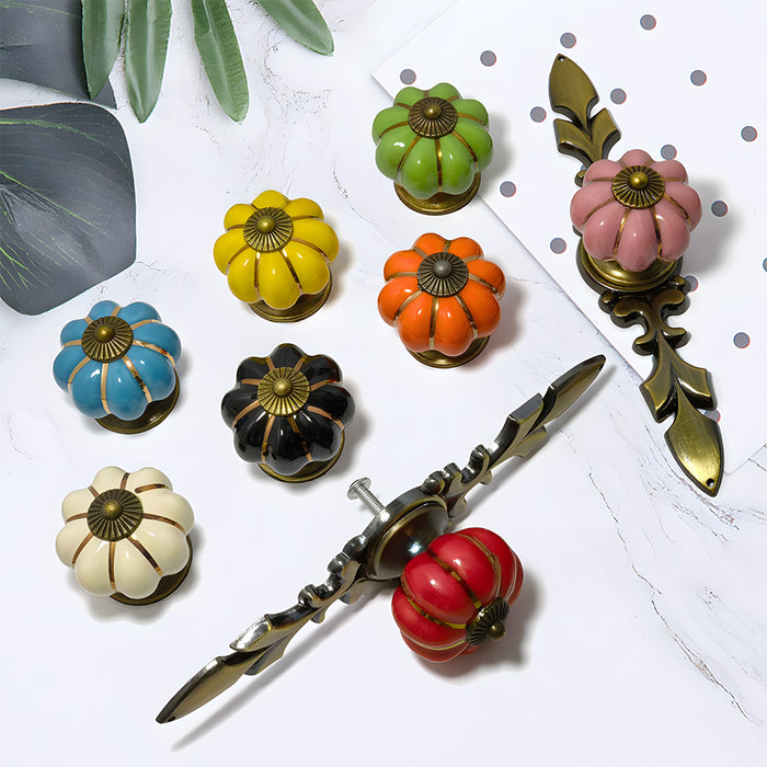 Vintage Pumpkin Ceramic & Zinc Alloy Drawer Handles with Leaf Backplate