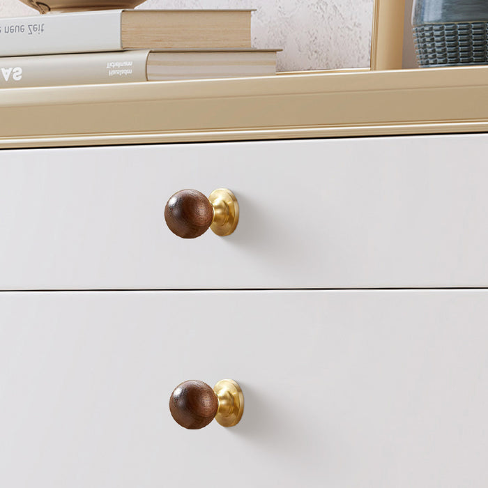 Vintage Walnut Wood Black White Marble Ball Cabinet Knob