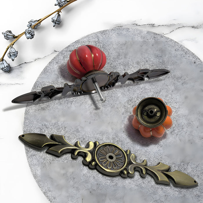 Vintage Pumpkin Ceramic & Zinc Alloy Drawer Handles with Leaf Backplate