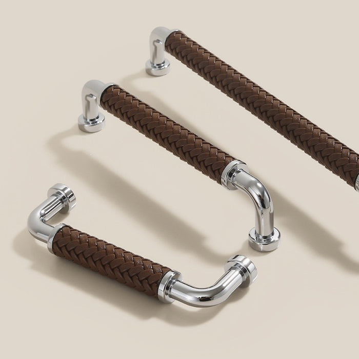 Modern Woven Leather Cabinet Pulls with Curved Zinc Alloy Base