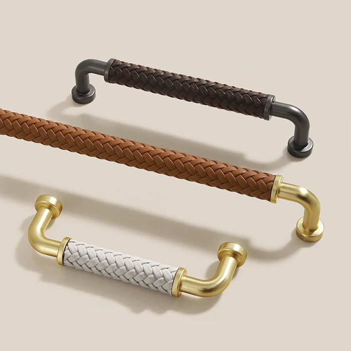 Modern Woven Leather Cabinet Pulls with Curved Zinc Alloy Base