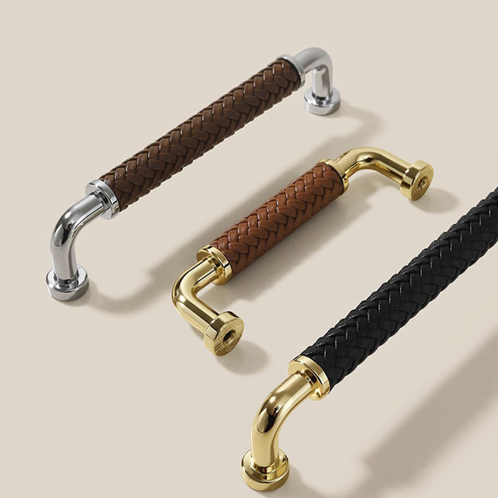 Modern Woven Leather Cabinet Pulls with Curved Zinc Alloy Base
