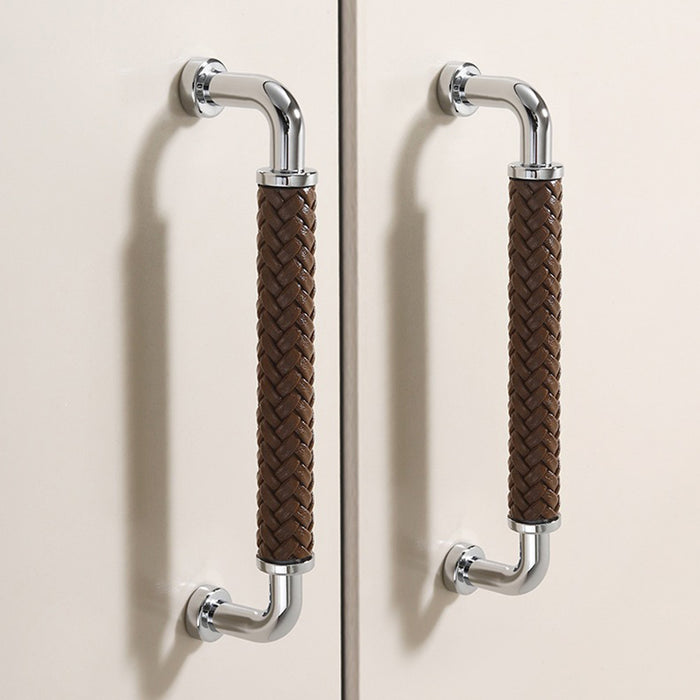 Modern Woven Leather Cabinet Pulls with Curved Zinc Alloy Base