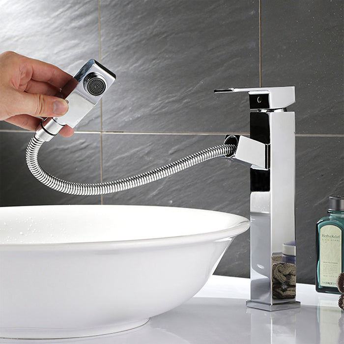 Silver Pull-Out Single Hole Bathroom Faucet