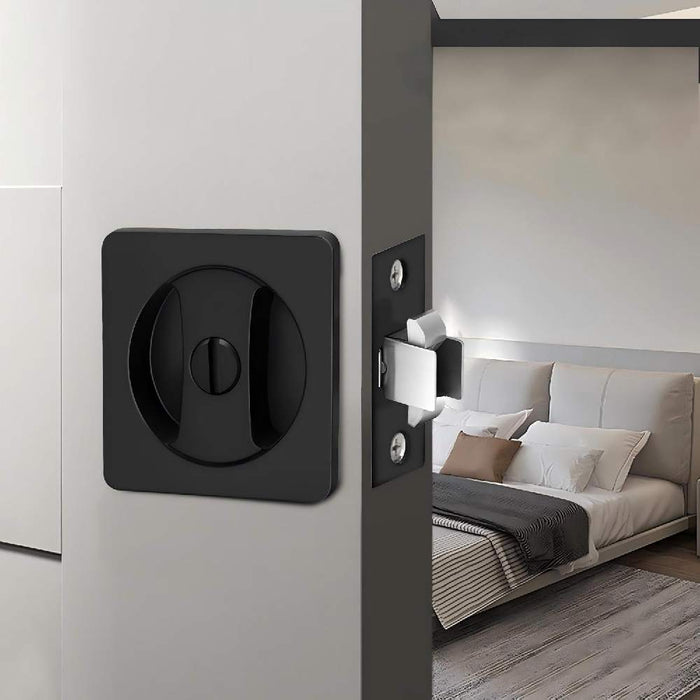 Black Rounded-Corner Square Sliding Pocket Door Lock