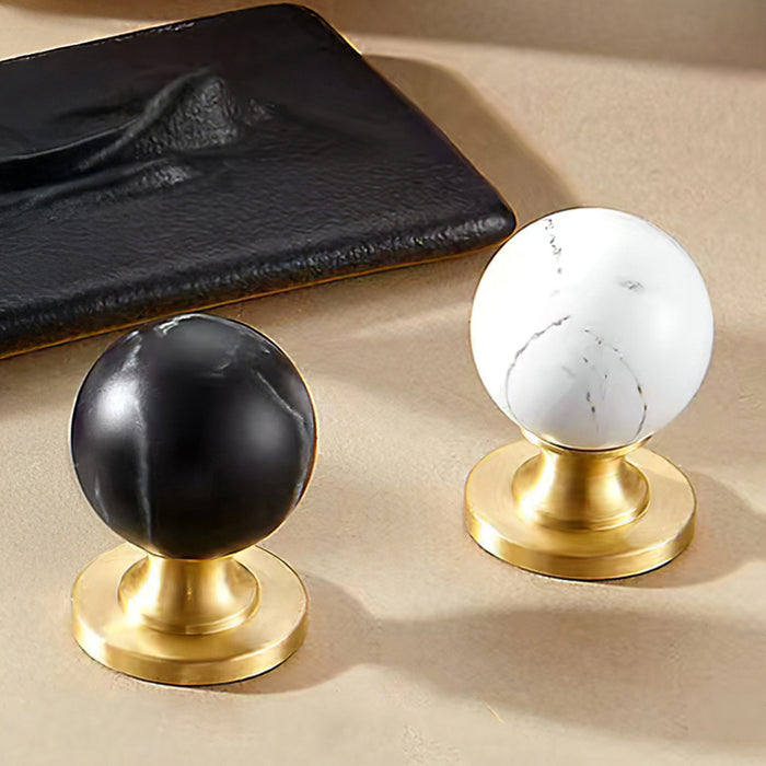 Vintage Walnut Wood Black White Marble Ball Cabinet Knob