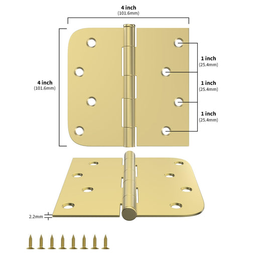 4in Brushed Brass Gold with Square & Round Corners Butt Hinges for Interior Door