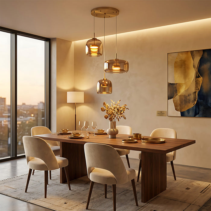 Modern Glass Pendant Lights in Amber or Smoked Glass