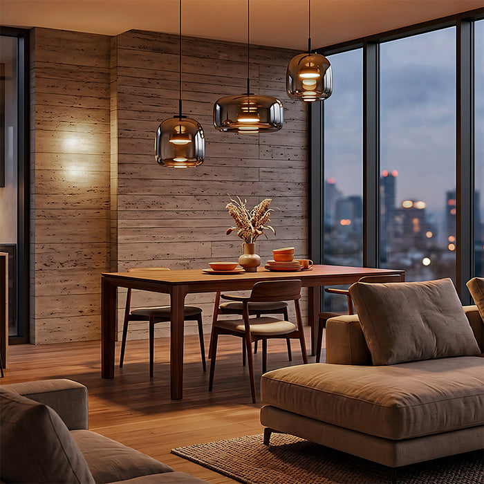Modern Glass Pendant Lights in Amber or Smoked Glass