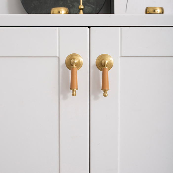 Modern Leather Cowhide & Brass Furniture Handles Kitchen Cabinet Pulls