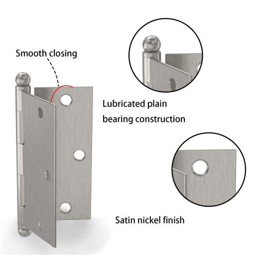 Satin Nickel 3.5in x 3.5in Ball Tip Butt Hinges with Square Corner Decorative Door Hinges