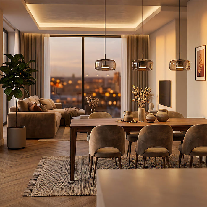 Modern Glass Pendant Lights in Amber or Smoked Glass