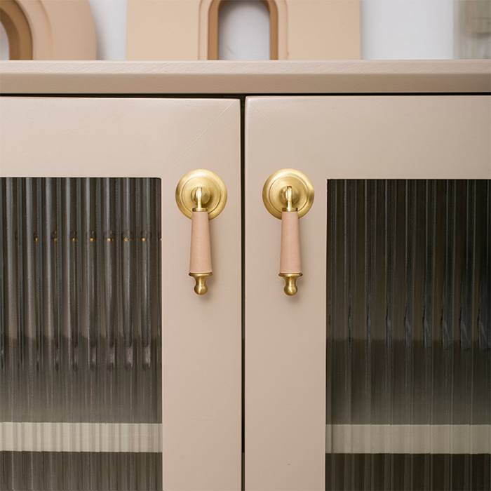 Modern Leather Cowhide & Brass Furniture Handles Kitchen Cabinet Pulls