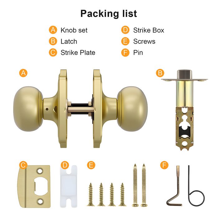 6 Pack Stainless Steel Classic Gold Interior Door Knobs