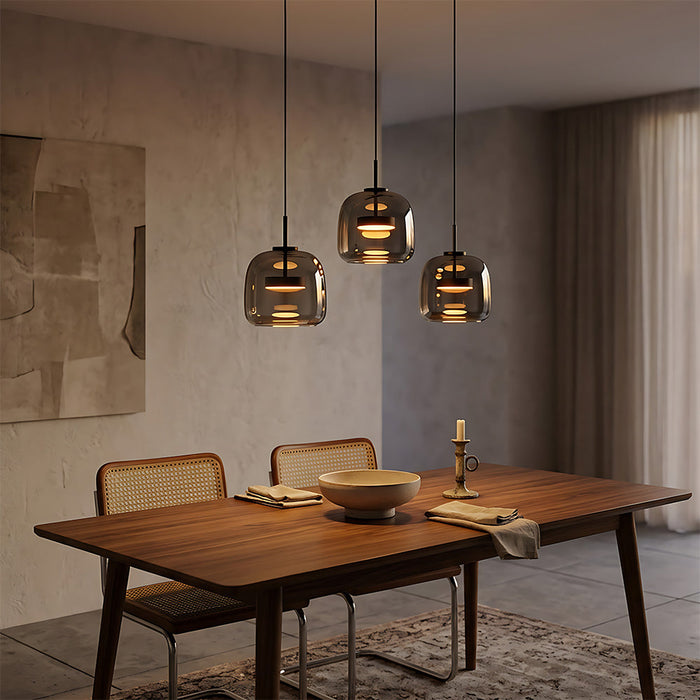 Modern Glass Pendant Lights in Amber or Smoked Glass