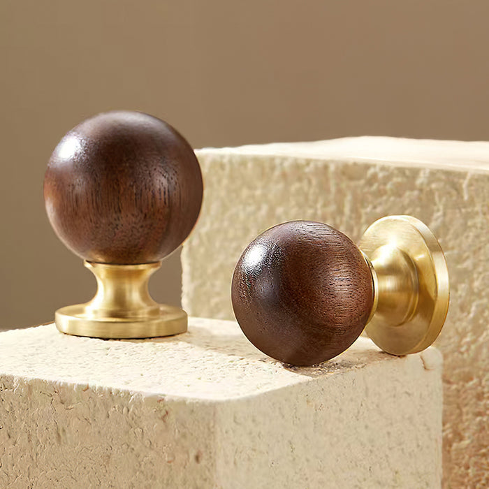 Vintage Walnut Wood Black White Marble Ball Cabinet Knob