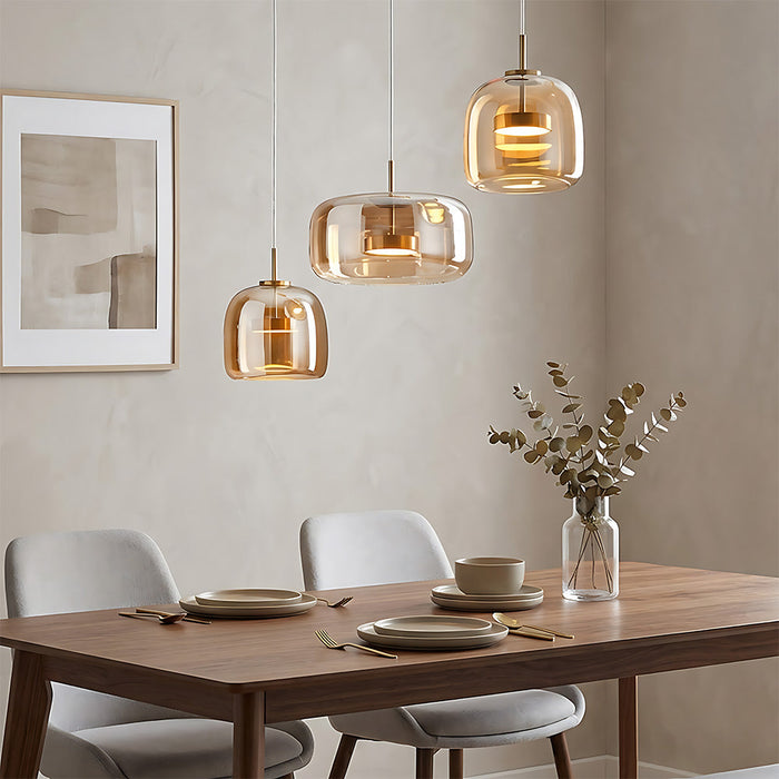 Modern Glass Pendant Lights in Amber or Smoked Glass