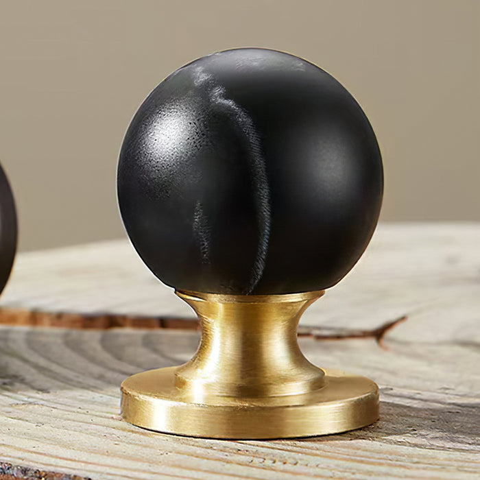 Vintage Walnut Wood Black White Marble Ball Cabinet Knob