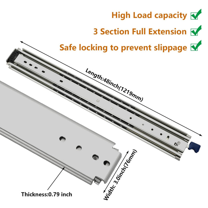 150 lb Load Capacity Side Mount  20 Inch Heavy Duty Without Lock Full Extension Ball Bearing Industrial Drawer Slides