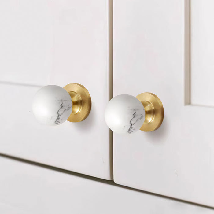 Vintage Walnut Wood Black White Marble Ball Cabinet Knob