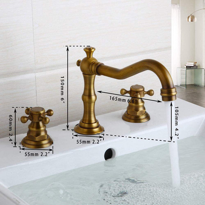 Antique Brass Dual Cross Handles Widespread 3 Hole Bathroom Faucet
