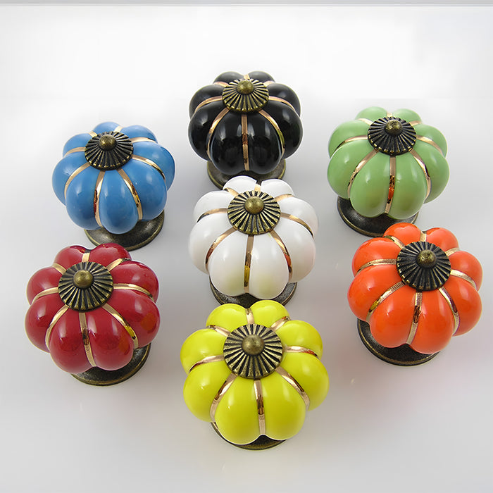 Vintage Pumpkin Ceramic & Zinc Alloy Drawer Handles with Leaf Backplate