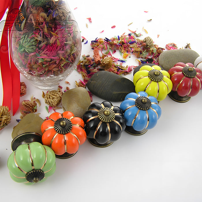 Vintage Pumpkin Ceramic & Zinc Alloy Drawer Handles with Leaf Backplate