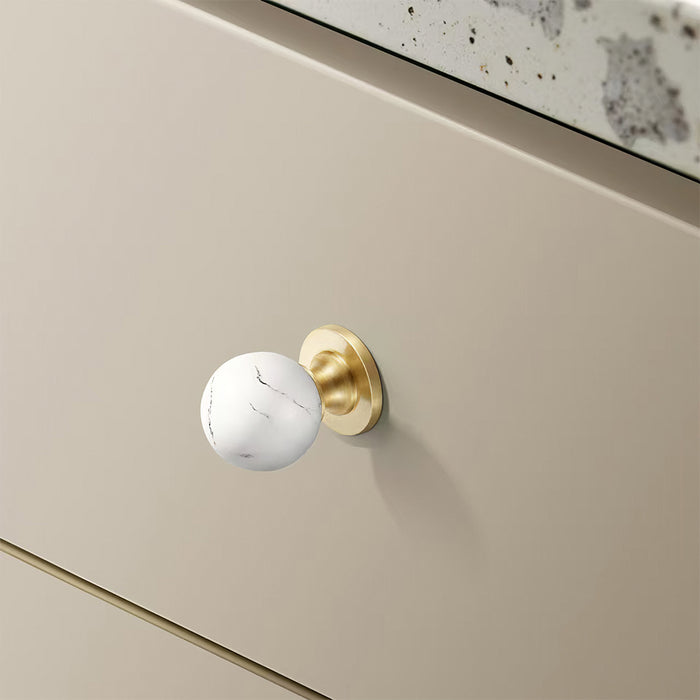 Vintage Walnut Wood Black White Marble Ball Cabinet Knob
