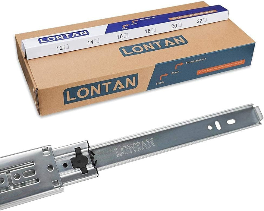 LONTAN 16 inch Heavy Duty Soft Close Drawer Slides 1 Pair 3 Fold Full Extension Ball Bearing Drawer Glides Side Mount Cabinet Rails with Rear Mounting Brackets 100lb Capacity