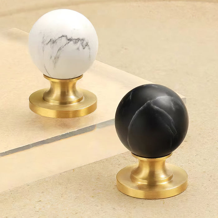 Vintage Walnut Wood Black White Marble Ball Cabinet Knob