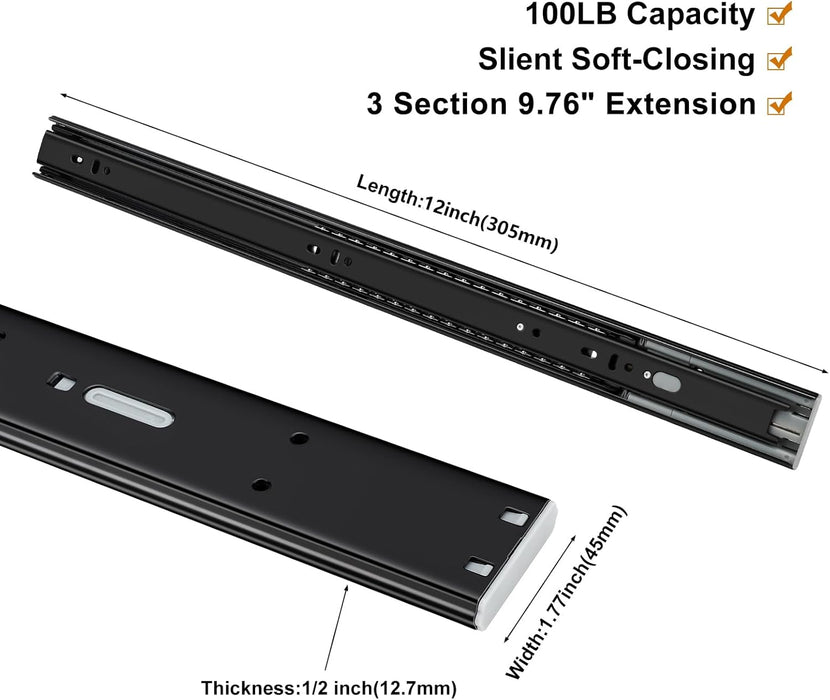 LONTAN 1 Pair Soft Close Drawer Slides 12 Inch Black Side Mount Heavy Duty Drawer Glides 9.76" Extension 3 FOLD Ball Bearing Cabinet Rails 100 LB Capacity