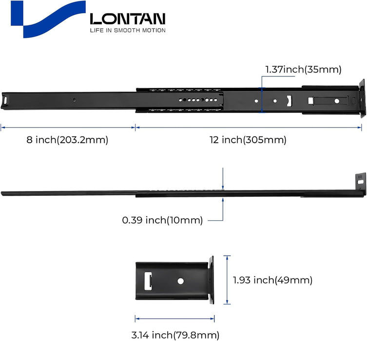 LONTAN 1 Piece Black Center Mount Drawer Slides 12 Inch - Bottom Centered Drawer Mount 3/4 Extension Heavy Duty Drawer Glides for Cabinets, Dressers, and Furniture – Smooth and Quiet Operation