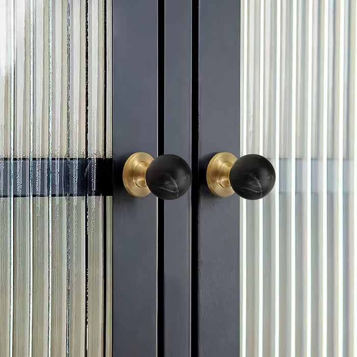 Vintage Walnut Wood Black White Marble Ball Cabinet Knob