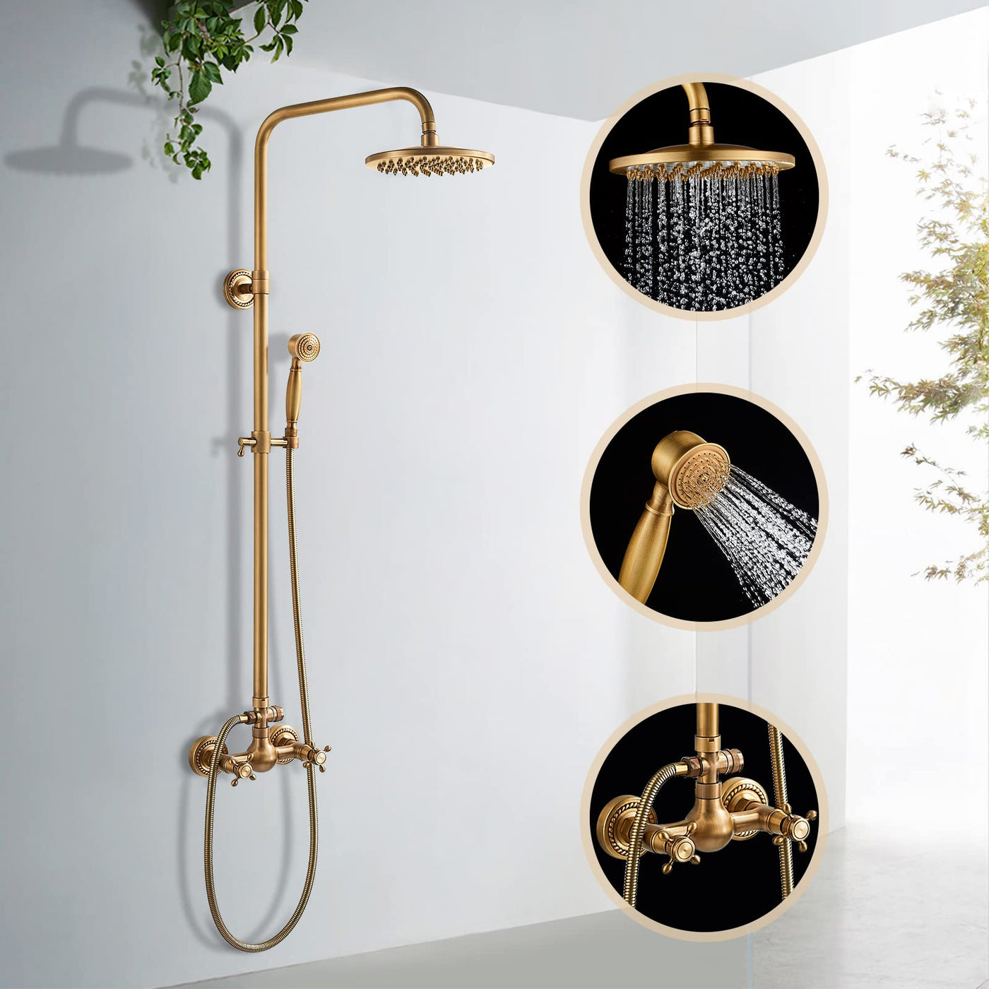 BWE Outdoor Shower Fixture – Antique Brass 3-Function Exposed Shower System With 8" Rainfall Head, Handheld Spray & Tub Spout, Double Handle, Height Adjustable 40.5-53.1"