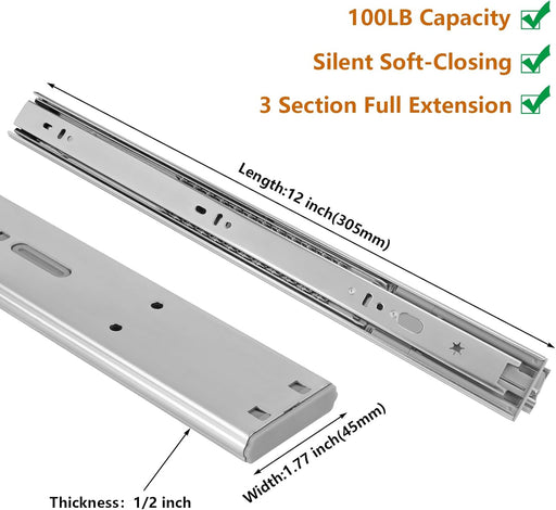 LONTAN 4 Pairs 12 Inch Heavy Duty Soft Close Drawer Slides - 100LB Load Capacity Full Extension Drawer Glides Side Mount Ball Bearing Dresser Cabinet Rails with Screws