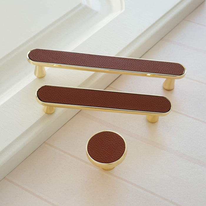 Stylish Gold Brown Leather Kitchen Cabinet Handles