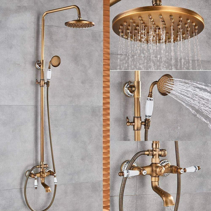 8 Inch Antique Brass Bathroom Faucet Shower Set Wall Mounted Round Rain Shower Head