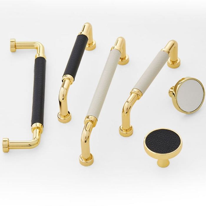 Polished Brass and Leather Cabinet Handles
