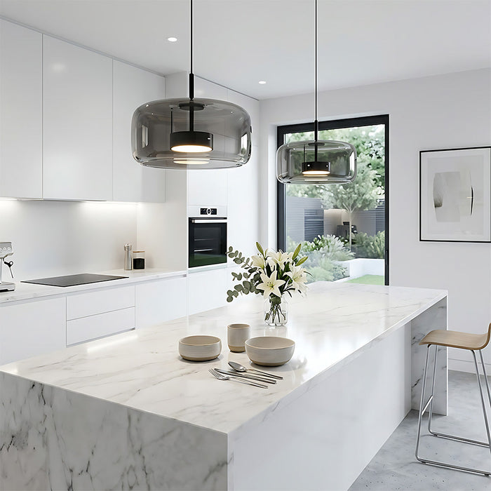 Modern Glass Pendant Lights in Amber or Smoked Glass