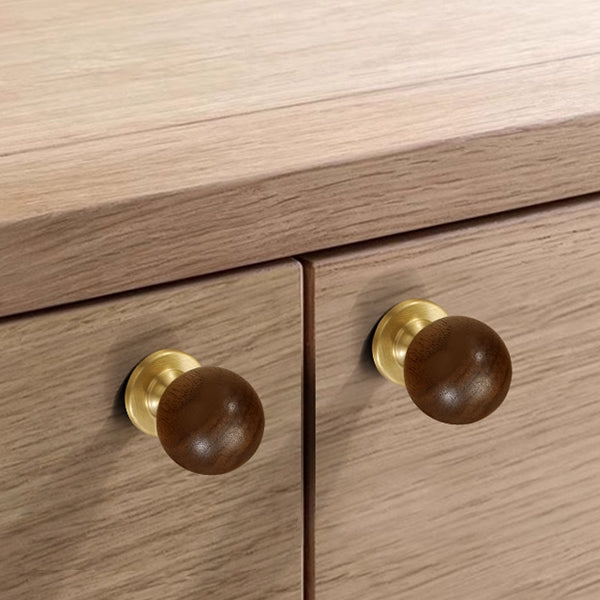 Vintage Walnut Wood Black White Marble Ball Cabinet Knob