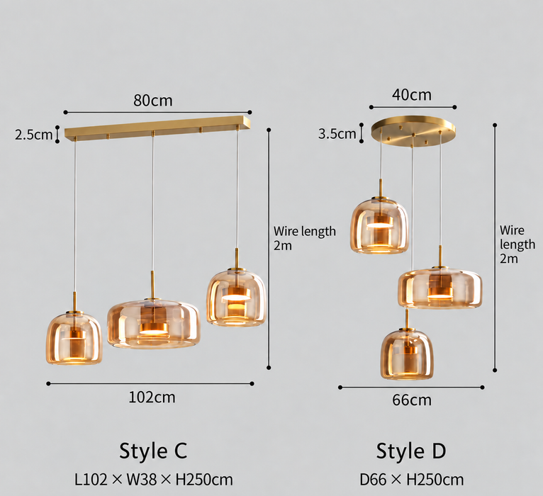 Modern Glass Pendant Lights in Amber or Smoked Glass