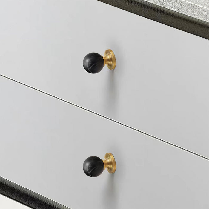 Vintage Walnut Wood Black White Marble Ball Cabinet Knob