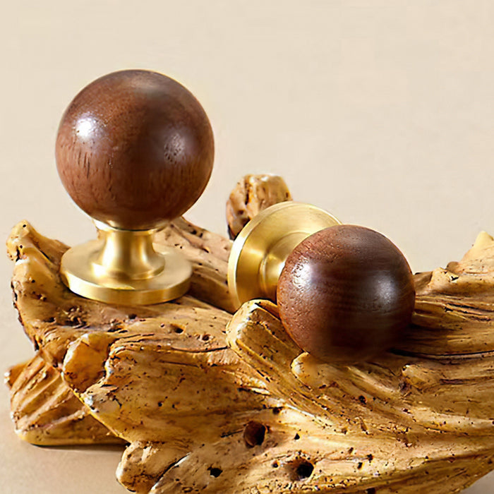 Vintage Walnut Wood Black White Marble Ball Cabinet Knob