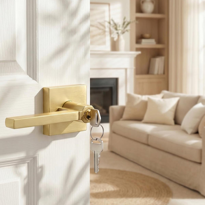 Brushed Gold Keyed Entry Door Handle with Lock & Key