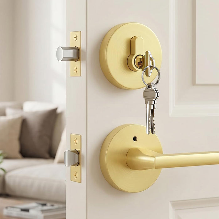 Brushed Gold Front Door Handle and Deadbolt Set